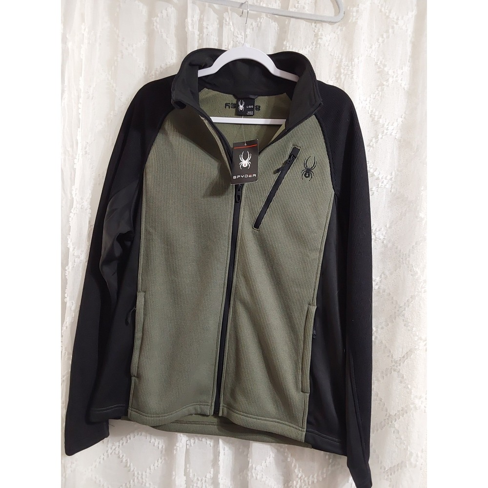 Spyder Mens Full Zip Fleece Jacket Olive Green Black Waffle Knit Large NWT